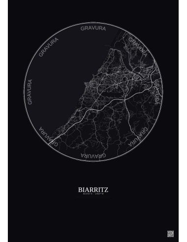 Affiche Biarritz – Poster carte de ville 10km | Gravura – Fond foncé