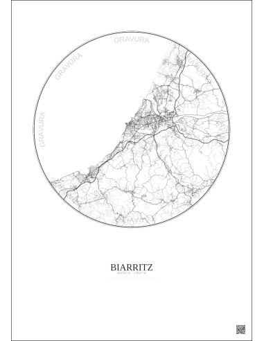 Affiche Biarritz – Poster carte de ville 20km | Gravura – Fond clair