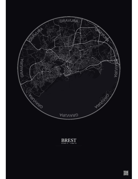Affiche Brest – Poster carte de ville 6km | Gravura – Fond foncé