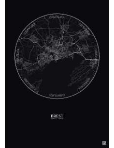 Affiche Brest – Poster carte de ville 10km | Gravura – Fond foncé