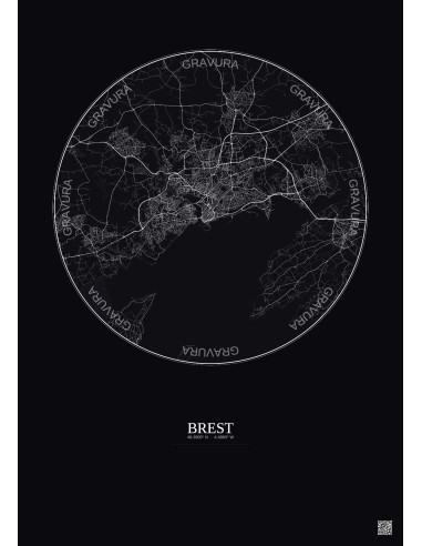 Affiche Brest – Poster carte de ville 10km | Gravura – Fond foncé