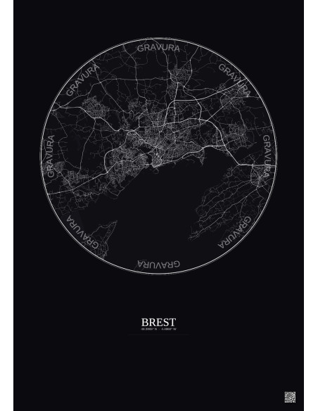 Affiche Brest – Poster carte de ville 10km | Gravura – Fond foncé