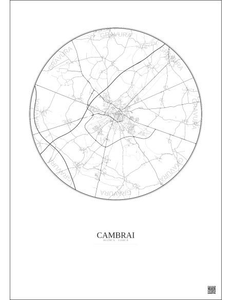 Affiche Cambrai – Poster carte de ville 10km | Gravura – Fond clair
