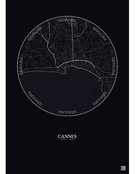 Affiche Cannes – Poster carte de ville 2.5km | Gravura – Fond foncé