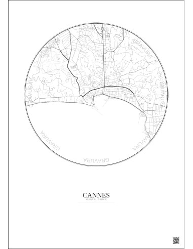 Affiche Cannes – Poster carte de ville 2.5km | Gravura – Fond clair