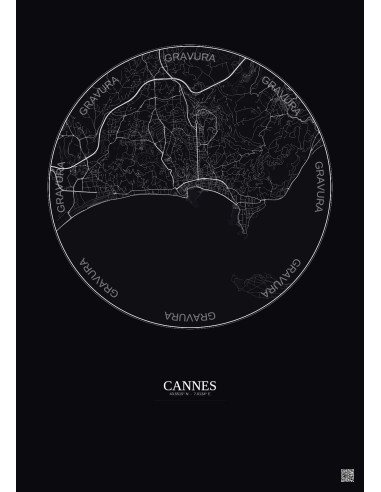 Affiche Cannes – Poster carte de ville 5km | Gravura – Fond foncé