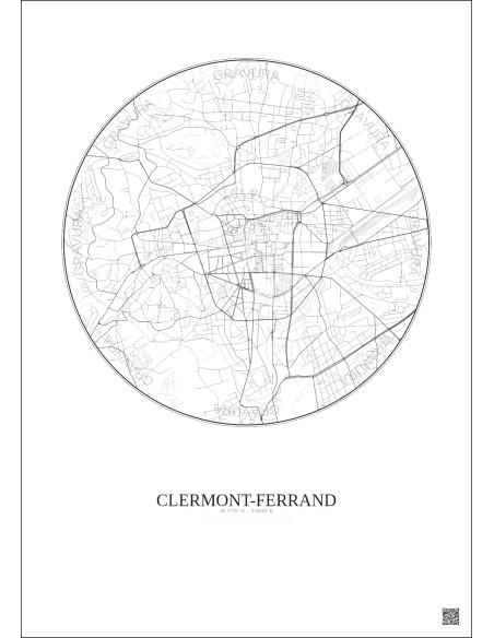 Affiche Clermont Ferrand – Poster carte de ville 2.5km | Gravura – Fond clair