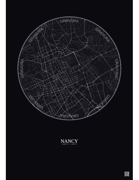 Affiche Nancy – Poster carte de ville 2.5km | Gravura – Fond foncé