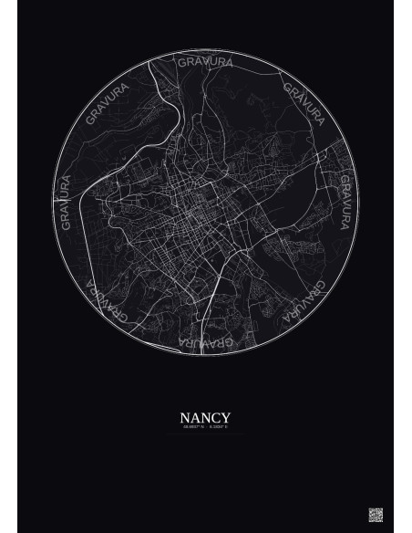 Affiche Nancy – Poster carte de ville 6km | Gravura – Fond foncé