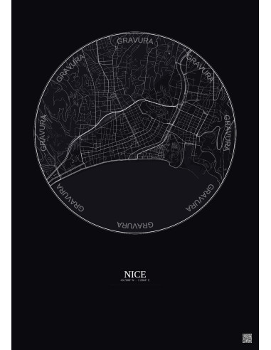 Affiche Nice – Poster carte de ville 2.5km | Gravura – Fond foncé
