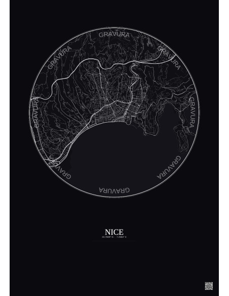 Affiche Nice – Poster carte de ville 6km | Gravura – Fond foncé