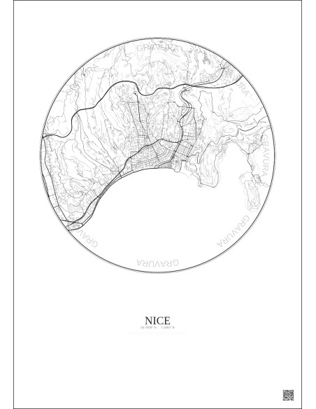 Affiche Nice – Poster carte de ville 6km | Gravura – Fond clair