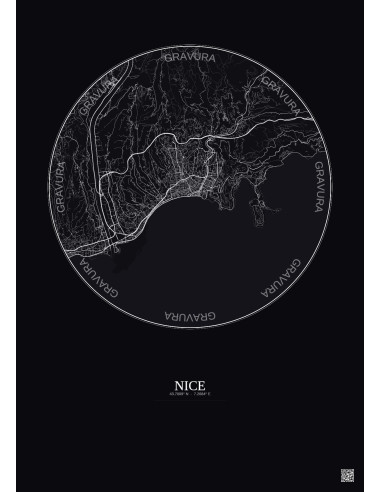 Affiche Nice – Poster carte de ville 10km | Gravura – Fond foncé
