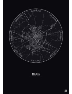 Affiche Reims – Poster carte de ville 10km | Gravura – Fond foncé