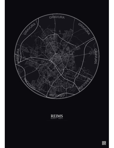 Affiche Reims – Poster carte de ville 6km | Gravura – Fond foncé