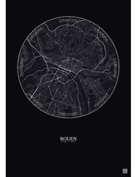 Affiche Rouen – Poster carte de ville 5km | Gravura – Fond foncé