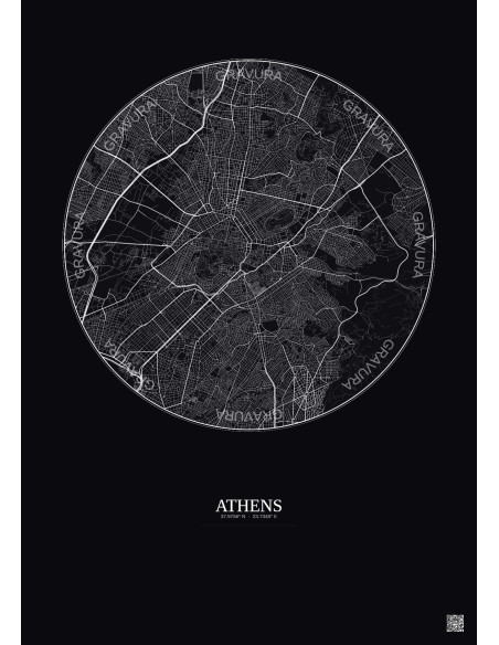 Affiche Athens – Poster carte de ville 6km | Gravura – Fond foncé
