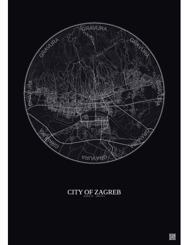 Affiche City Of Zagreb – Poster carte de ville 10km | Gravura – Fond foncé