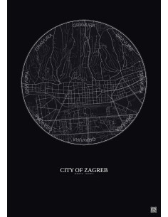 Affiche City Of Zagreb – Poster carte de ville 2.5km | Gravura – Fond foncé