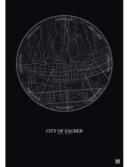 Affiche City Of Zagreb – Poster carte de ville 2.5km | Gravura – Fond foncé