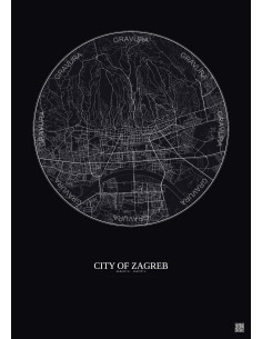 Affiche City Of Zagreb – Poster carte de ville 6km | Gravura – Fond foncé