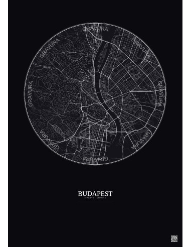 Affiche Budapest – Poster carte de ville 6km | Gravura – Fond foncé