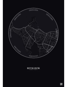 Affiche Reykjavik – Poster carte de ville 2.5km | Gravura – Fond foncé