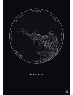 Affiche Reykjavik – Poster carte de ville 6km | Gravura – Fond foncé