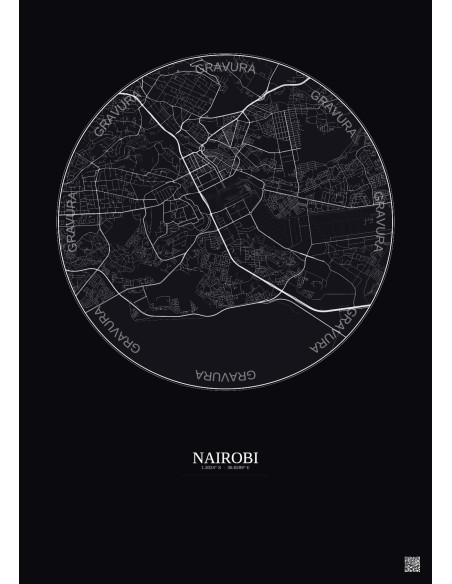 Affiche Nairobi – Poster carte de ville 6km | Gravura – Fond foncé