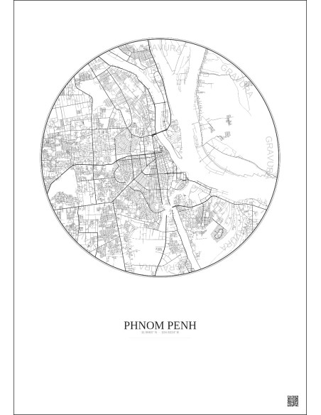 Affiche Phnom Penh – Poster carte de ville 10km | Gravura – Fond clair