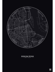 Affiche Phnom Penh – Poster carte de ville 6km | Gravura – Fond foncé