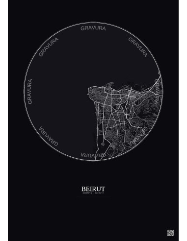 Affiche Beirut – Poster carte de ville 10km | Gravura – Fond foncé