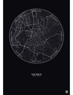 Affiche Vilnius – Poster carte de ville 6km | Gravura – Fond foncé