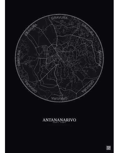 Affiche Antananarivo – Poster carte de ville 6km | Gravura – Fond foncé
