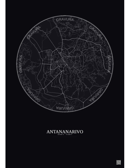 Affiche Antananarivo – Poster carte de ville 6km | Gravura – Fond foncé