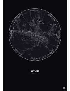 Affiche Skopje – Poster carte de ville 10km | Gravura – Fond foncé