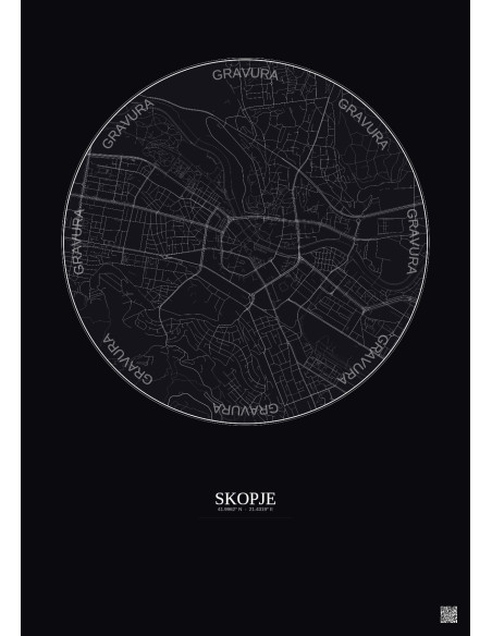 Affiche Skopje – Poster carte de ville 2.5km | Gravura – Fond foncé