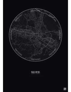 Affiche Skopje – Poster carte de ville 6km | Gravura – Fond foncé