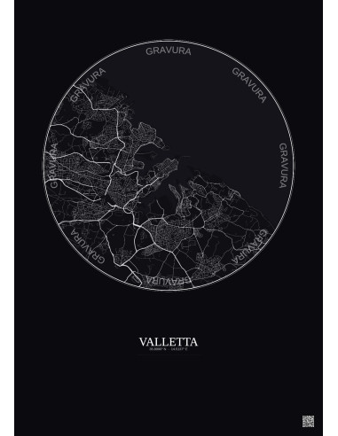 Affiche Valletta – Poster carte de ville 6km | Gravura – Fond foncé