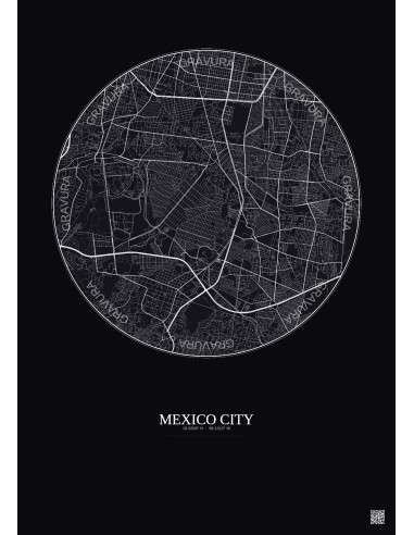 Affiche Mexico City – Poster carte de ville 6km | Gravura – Fond foncé