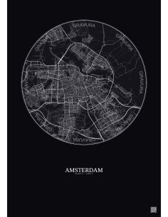 Affiche Amsterdam – Poster carte de ville 10km | Gravura – Fond foncé