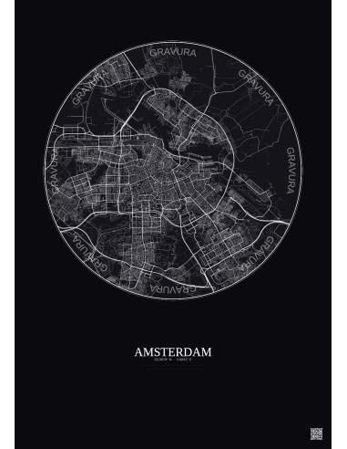 Affiche Amsterdam – Poster carte de ville 10km | Gravura – Fond foncé