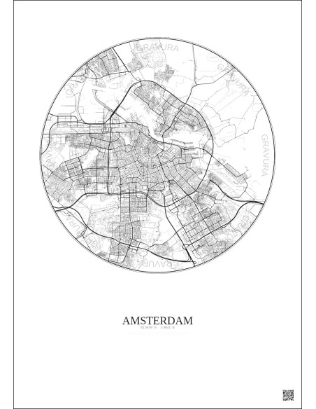 Affiche Amsterdam – Poster carte de ville 10km | Gravura – Fond clair