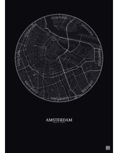 Affiche Amsterdam – Poster carte de ville 2.5km | Gravura – Fond foncé