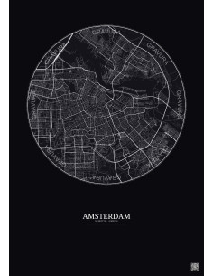 Affiche Amsterdam – Poster carte de ville 6km | Gravura – Fond foncé