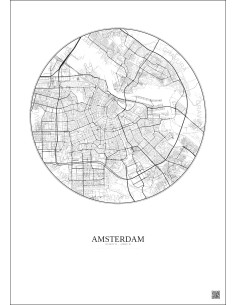 Affiche Amsterdam – Poster carte de ville 6km | Gravura – Fond clair