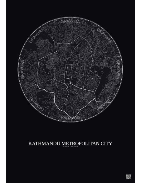 Affiche Kathmandu Metropolitan City – Poster carte de ville 6km | Gravura – Fond foncé