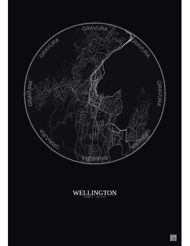 Affiche Wellington – Poster carte de ville 6km | Gravura – Fond foncé