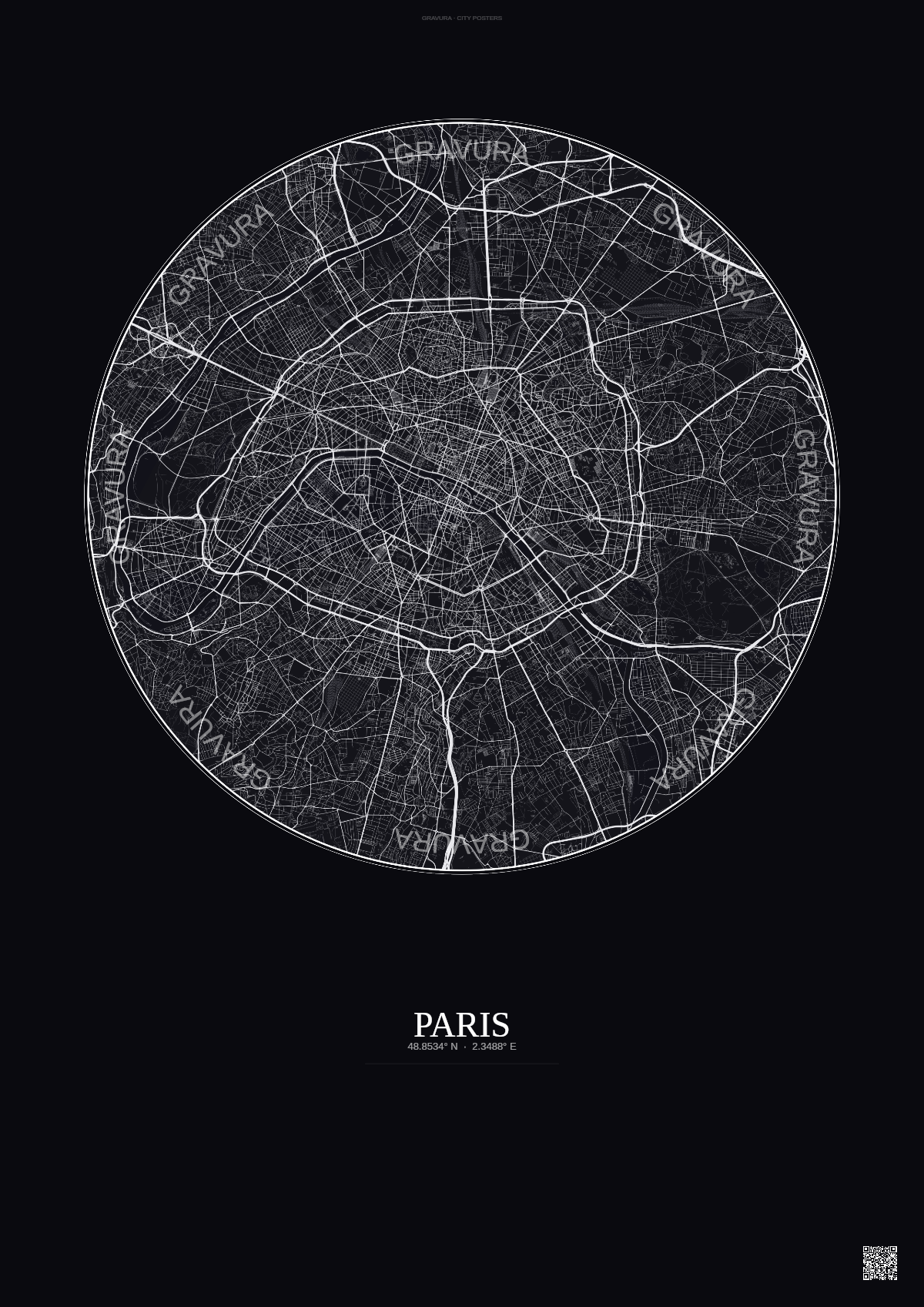 Affiche Paris – Poster carte de ville | Gravura – Fond foncé