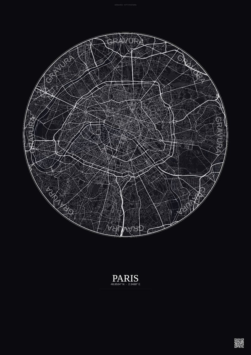 Affiche Paris – Poster carte de ville | Gravura – Fond foncé